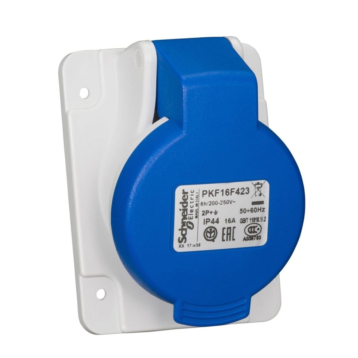 PKF16F423, TOMACORRIENTE INDUSTRIAL EMPOTRABLE 16A 2P+T 250VAC, COLOR AZUL, IP44